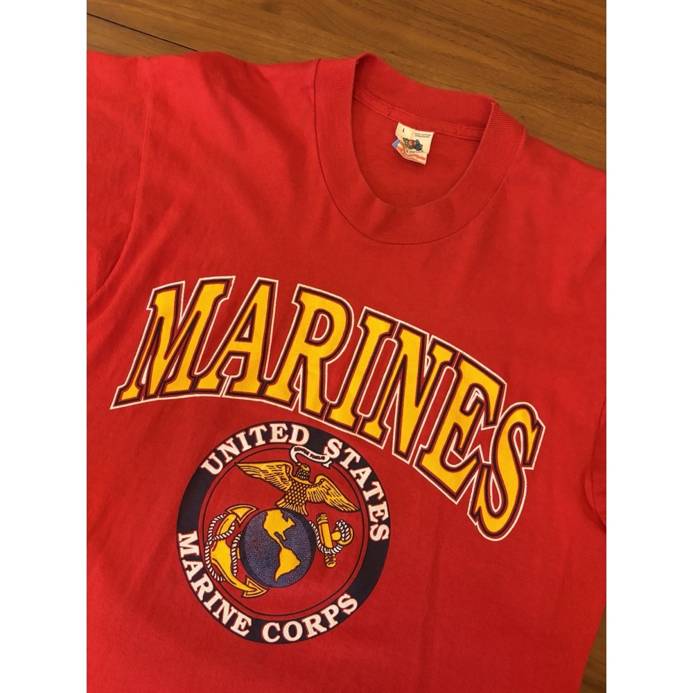 Vintage United States Marine Corps T Shirt Mens L Red Single Stitch USA 80s USMC